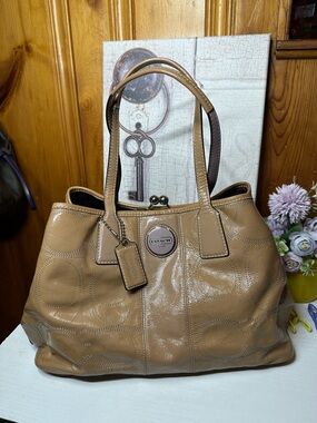 Coach Beige Patent Leather Tote with Signature Stitching